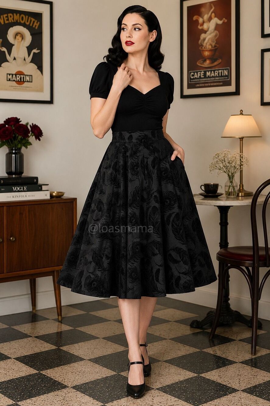 Voodoo Vixen Black Flocked Peacock Feather Swing Midi Skirt Small Rockabilly Got